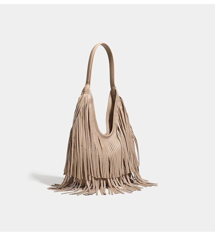 Bohemian Fringe Faux Leather Shoulder Bag for Women Tassel Handbag Underarm