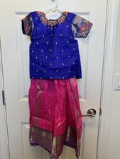 Girls Blue Pink Traditional Silk Choli Set with Embroidered Blouse and Skirt