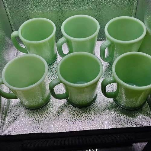 Vintage Fire King Oven Ware Green Jadeite D Handle Coffee Mugs (Set Of 6)