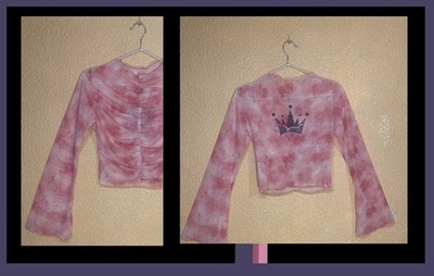Damen Oberteil Top Slim Fuschia Rosa Rüschenärmel Kronen Muster Print Japan