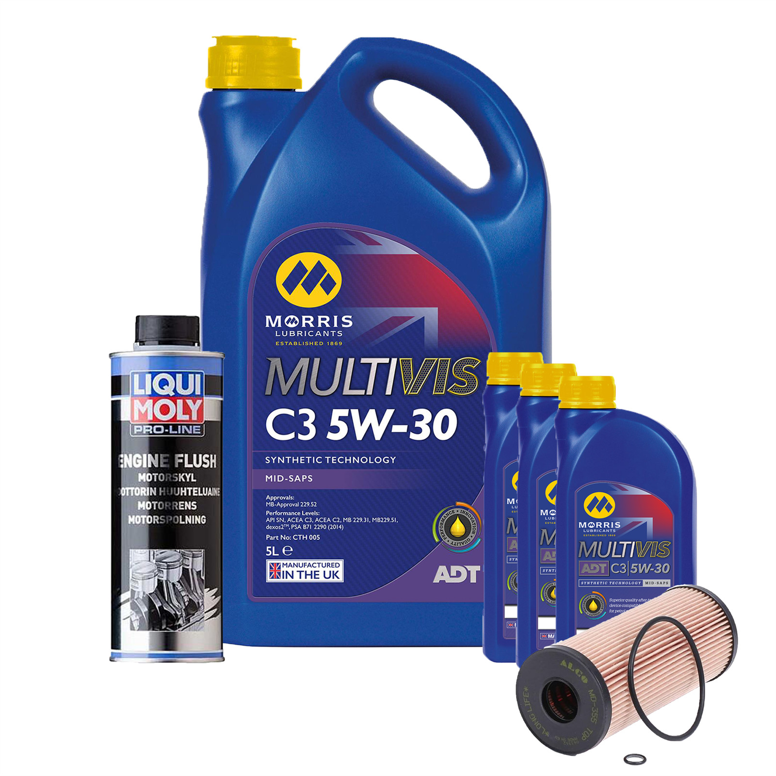5w30 Fully Synthetic Engine Oil ACEA C3 dexos2 8L + Oil Filter + Engine Flush