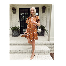 A New Day Brown Polka Dot Mini Dress Flutter Sleeve Ruffle Hem Size S