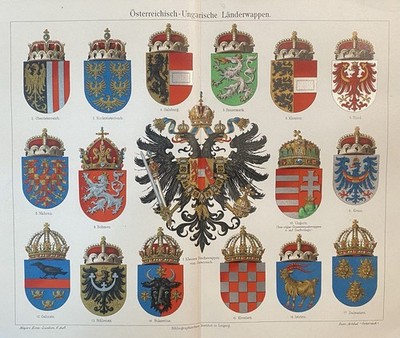 antike Grafik Varia: Wappen Österreich - Ungarische Länder KuK Chromolitho 1905