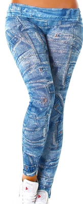 Leggings Hose Jeans Look Print Muster Jeggings Stretch Blau One Size OS XS S M