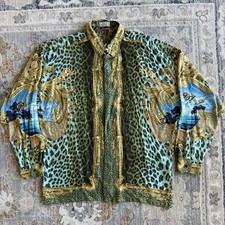 Gianni Versace Atelier Silk Leopard Miami Button Shirt Size 50 Italy VTG 1990 s