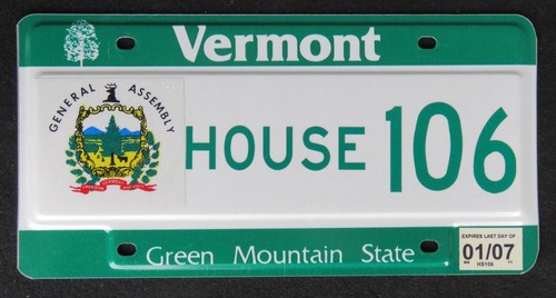 VERMONT GENERAL ASSEMBLY / HOUSE license plate 2007 # 106