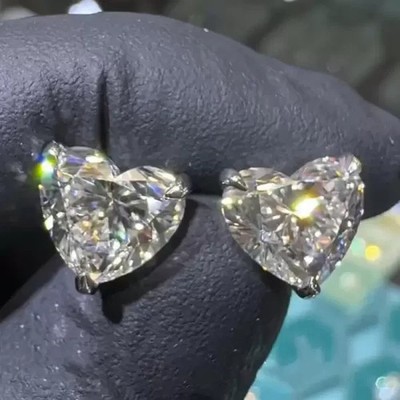 2Ct Heart Cut Real Moissanite Solitaire Stud Earrings 14K White Gold Plated