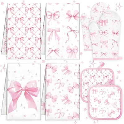 8 Pcs Pink Bows Kitchen Towels Pot Holders and Oven Mitt Set Coquette Kitchen...