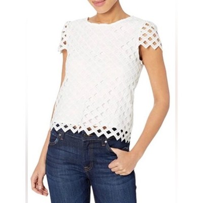 MILLY White Lattice Scallop Short Sleeve Blouse Small NWOT