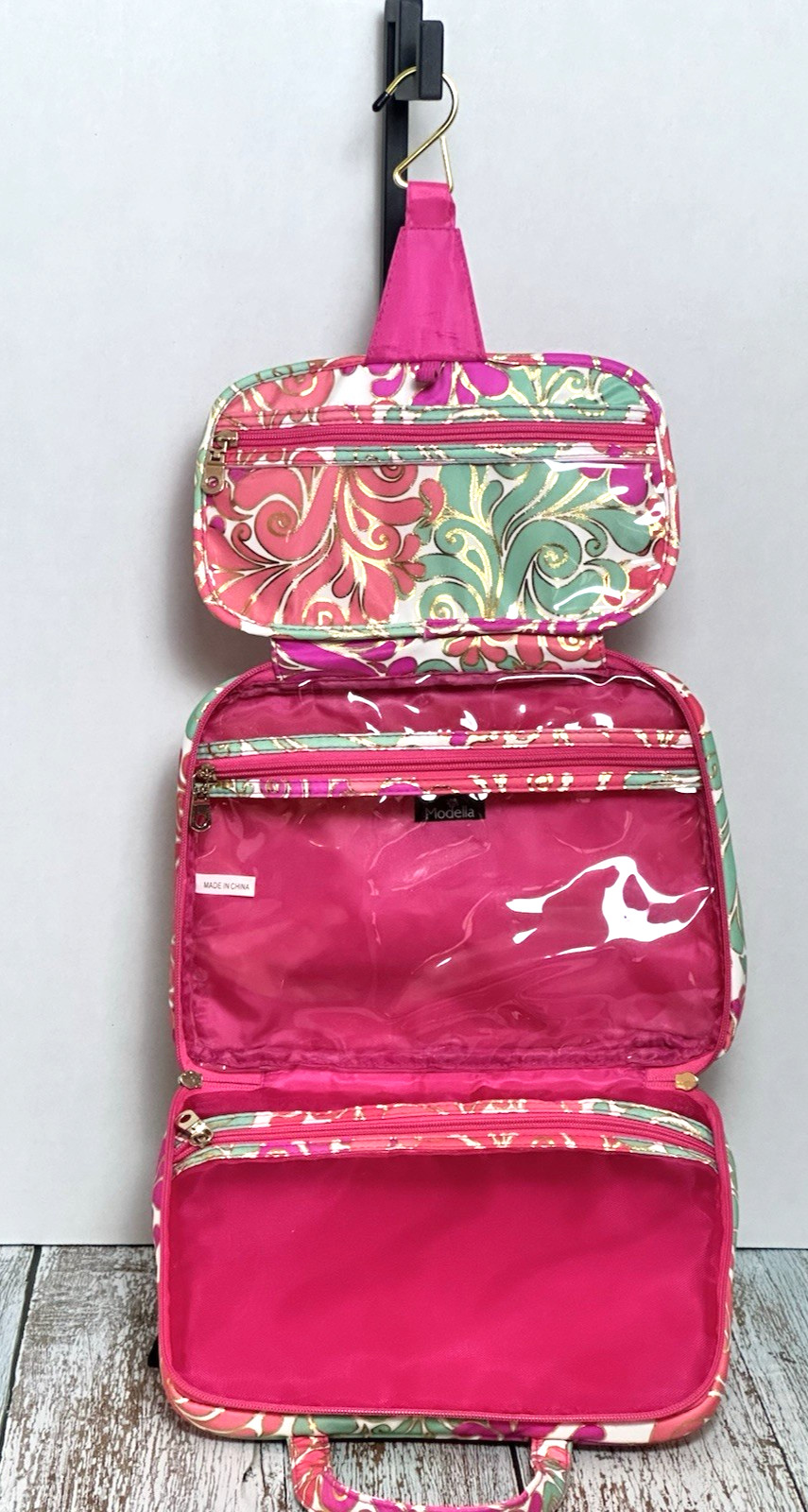 Modella Hanging Cosmetic Makeup Bag Pink & Teal Swirl Pattern Travel Organizer