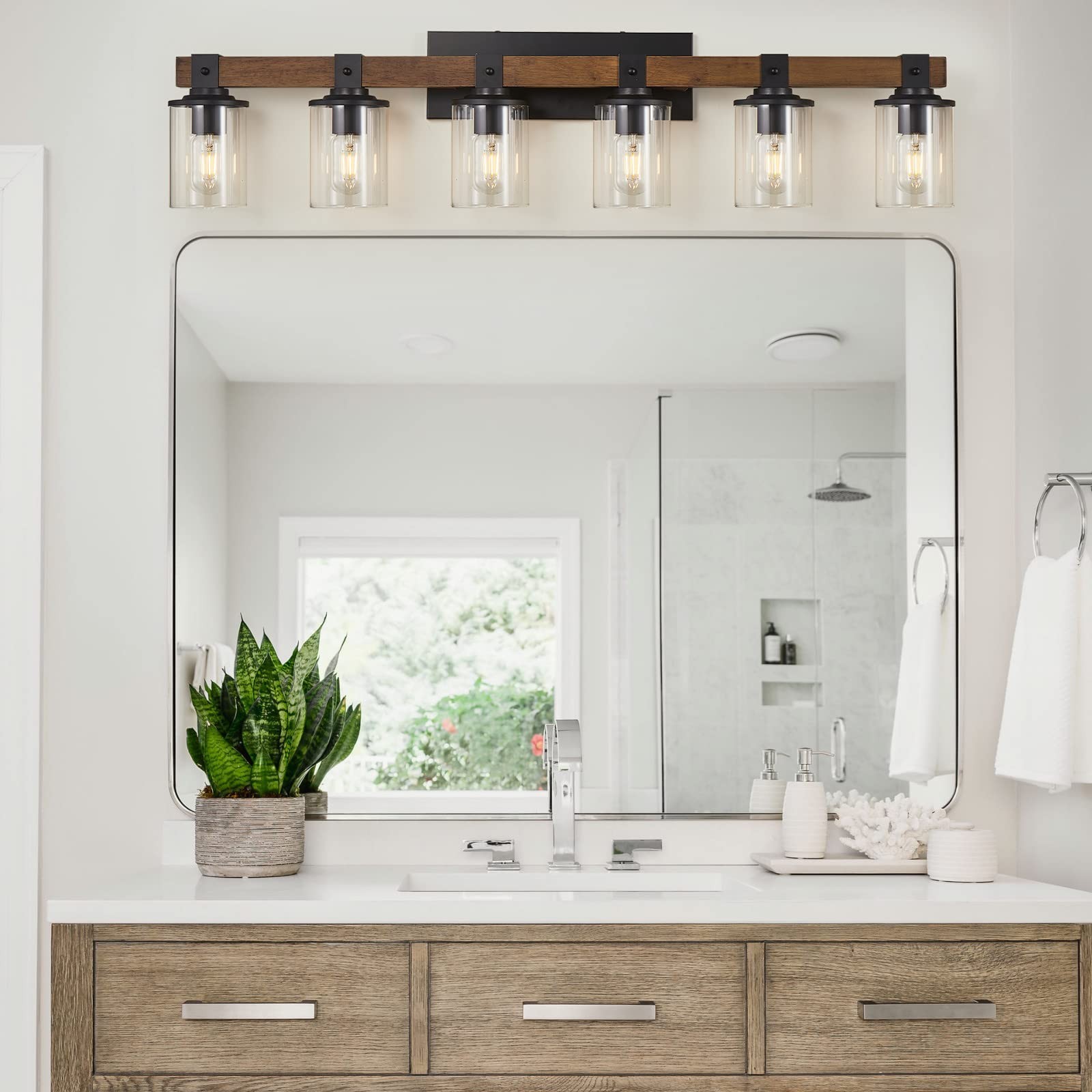 DUJAHMLAND 6-Light Wood Vanity Light,40.5 inch Farmhouse Bathroom Metal Wall ...