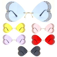 Womens Heavy Sparkle Rhinestone Heart Butterfly Rimless Sunglasses
