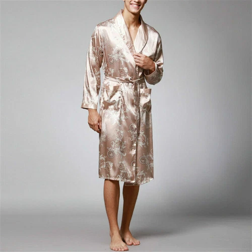 Men Satin Pajamas Robe Dragon Bathrobe Dress Gown Kimono Night Loungewear - Bild 18 von 20