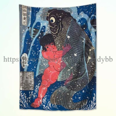 Japanese folklore character Kintaro golden boy battles a giant carp under a