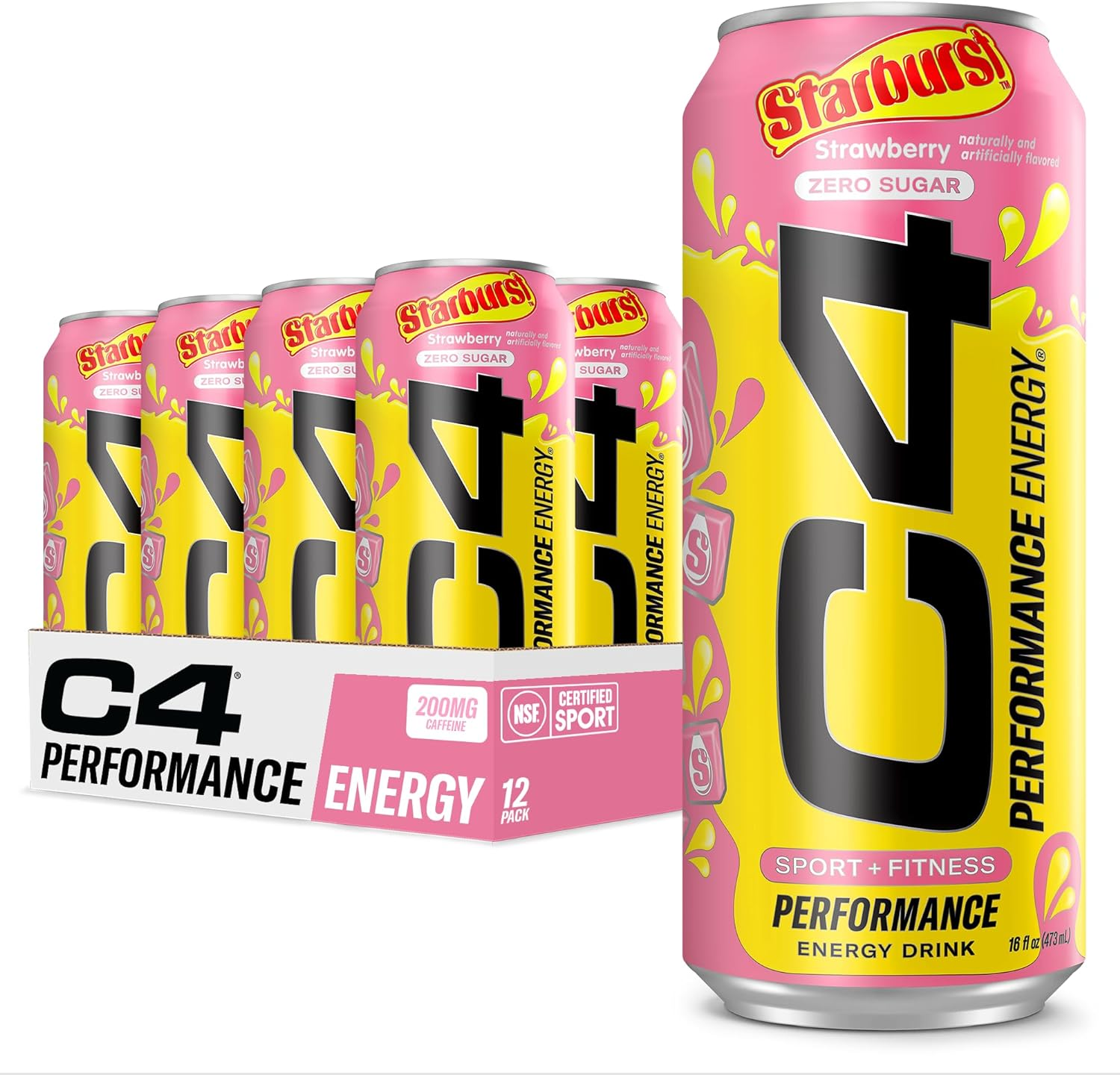 C4 Energy Drink STARBURST Strawberry Zero Sugar Preworkout 200mg Caffeine 16oz 1