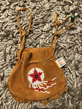 Vintage Bloom Brothers Leather Buckskin Pouch With Fringe Hand Beaded 5” Tall 
