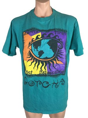 Vintage 1991 Gotcha Surf Teal Mens T Shirt Earth First Act Responsible XL USA