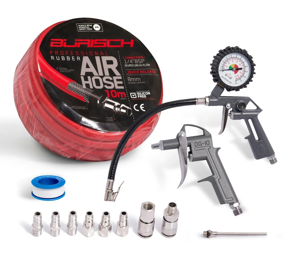 Air line / hose Tyre Pressure Gauge Inflator, Duster Gun & 8 Air Fittings