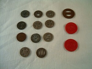 VINTAGE RAILROAD, BUS,  AND OTHER TOKENS,  14 TOTAL / 3 LARGE, 11 SMALL
