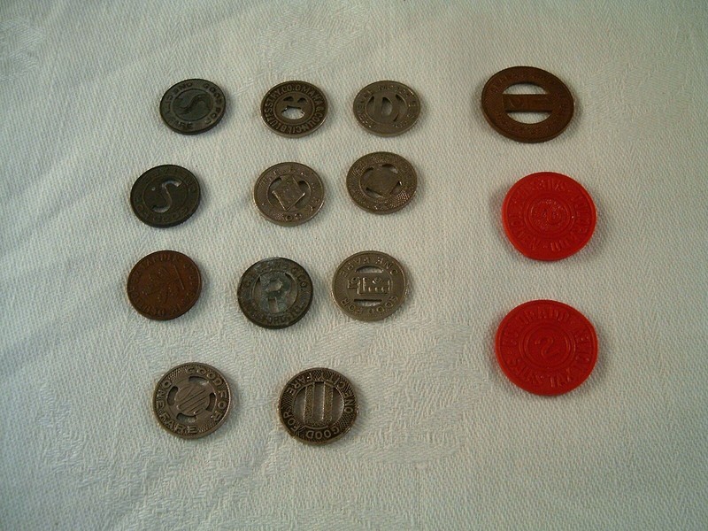 VINTAGE RAILROAD, BUS,  AND OTHER TOKENS,  14 TOTAL / 3 LARGE, 11 SMALL