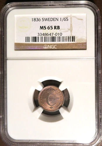 1836 Sweden 1/6 Skilling NGC MS 65 RB
