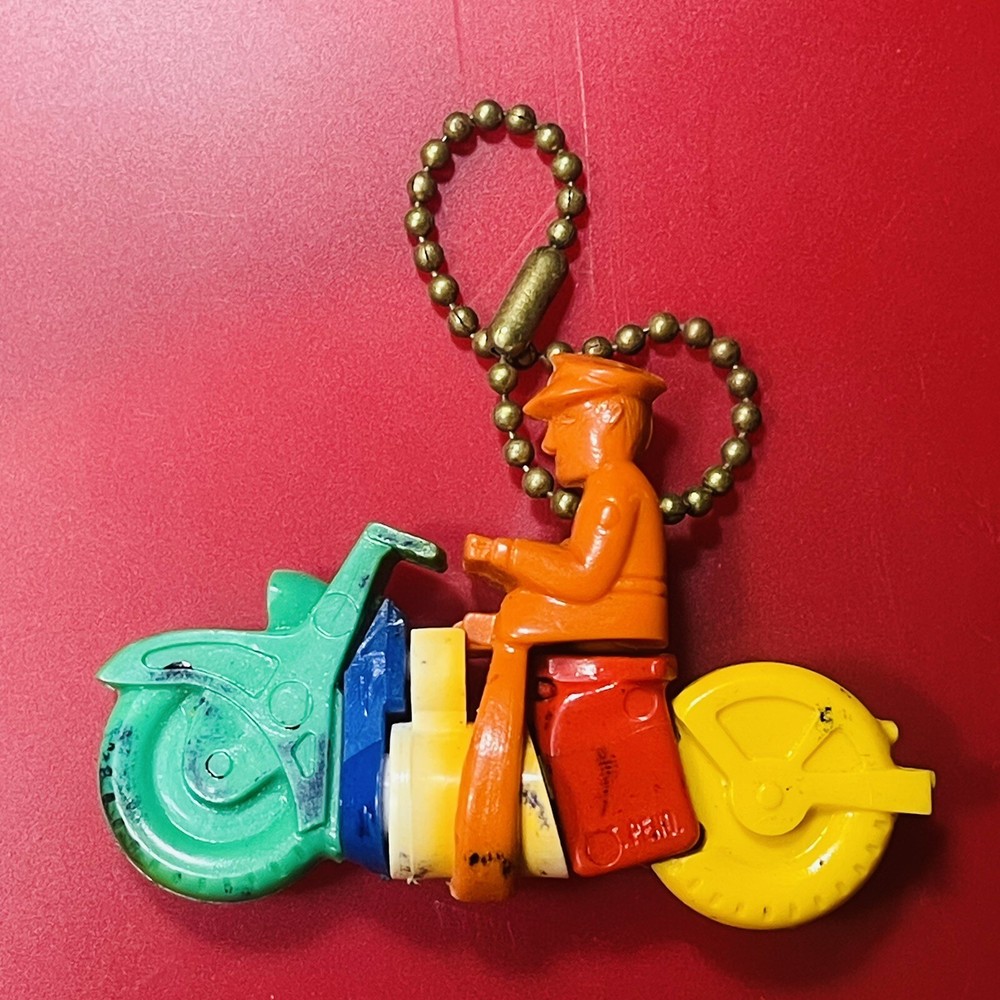 Vtg Multi Color Plastic Motorcycle Rider Puzzle Keychain Red Green Blue Police