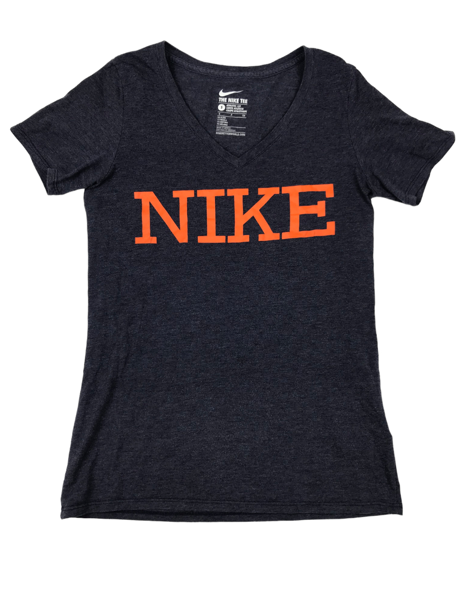 Nike Shirt Women's Size Small Gray Orange Short Sleeve Spell Out V Neck | eBay