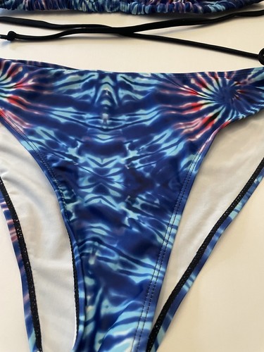 Bikini Swimwear Women’s Medium Blue Tie Dye Triangle Purple Side Ties Two Piece - Picture 6 of 17