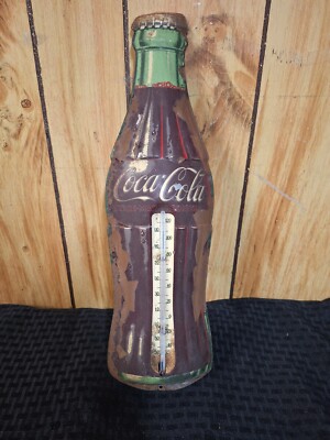 VINTAGE ROBERTSON COCA-COLA BOTTLE ADVERTISING TIN METAL THERMOMETER 16 1/2''