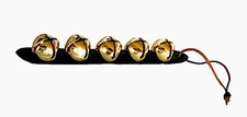 SALE: AMISH MADE LEATHER STRAP & 5 LARGE BRASS SLEIGH BELLS! HAVE MULTIPLE USES!