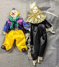 Vintage Porcelain Clown Dolls Pair Pierrot Mime Jester 18" Circus Hobo 13" 80s