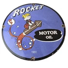 Vintage Rocket Motor Oil Sign - Gas Service Station Pump Porcelain Sign