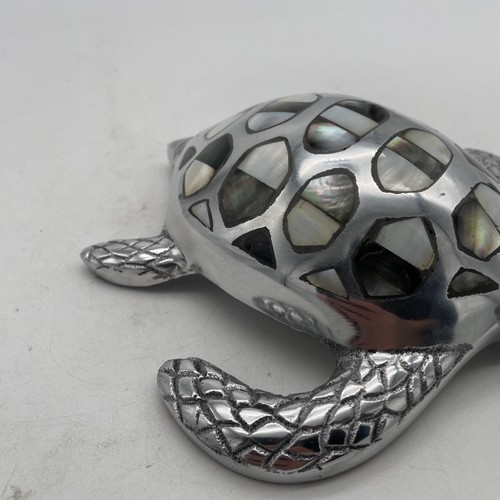 Sea Turtle Sculpture Silver Metal Abalone Shell Inlay Coastal Home Decor 8.5” - Picture 15 of 15