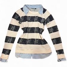 Striped Knit Pullover Sweater   Collared Raglan Long Sleeve Beige/Black
