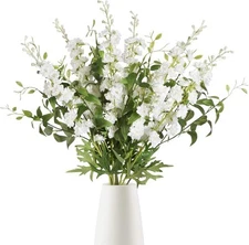 IPOPU White Flowers Artificial Delphinium 9PCS with Clematis Greenery 