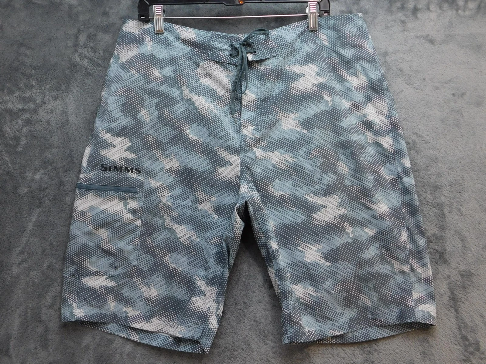 Simms Shorts Mens 38 Blue Camouflage Drawstring Pockets Bermuda 11 Inseam