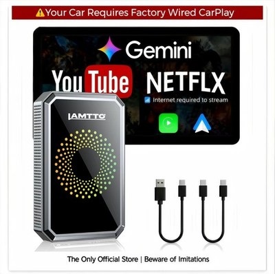 Wired CarPlay to Wireless Adapter -Stream Netflix/YouTube/TikTok & Gemini AI on 