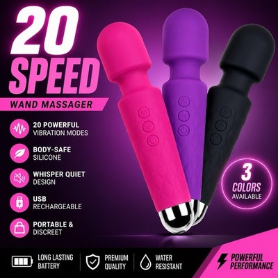 20 Speed Rechargeable Wand Massager USB Waterproof Silicone Body Massager
