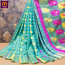 Indian Jamdani Cotton Slub Saree With Unstitched Blouse Women's Party Wear Sari