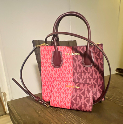 Michael Kors Logo Satchel Top Handle Bag Burgundy Pink w Strap Pouch Gold