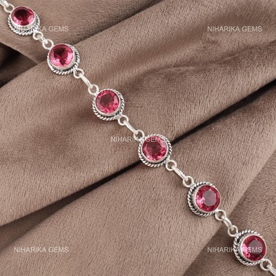 Armband Schwester Mit Kette 925 Sterling Silber Pink Turmalin Runde Edelstein