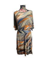 BCBGMAXAZRIA Geometric Print Midi Dress Small Orange Blue Dolman Sleeve Tunic