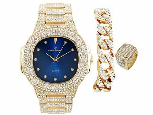 Bling Out Oblong Case Mens PP Watch Cuban Bracelet and Ring 8475 CR Royal Blue - Afbeelding 5 van 70
