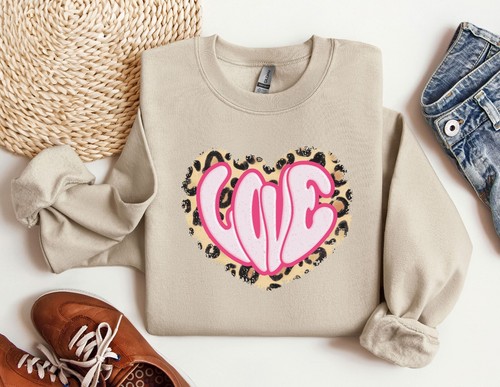 Love Sweatshirt, Leopard Pattern Hoodie, Valentines Day Crewneck, Gift for her - Picture 1 of 10