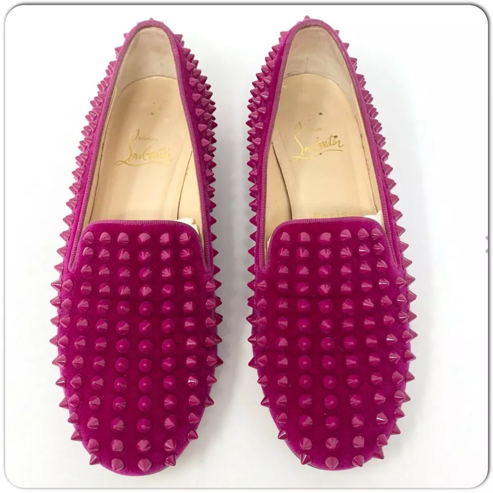 Christian Louboutin Fuchsia Suede Leather Rolling Spikes Loafers