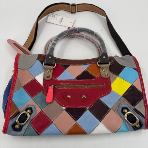 HESHE WOMENS Multicolor Leather Patchwork Zip Close Shoulder Bag Purse - NWT - Picture 10 of 24