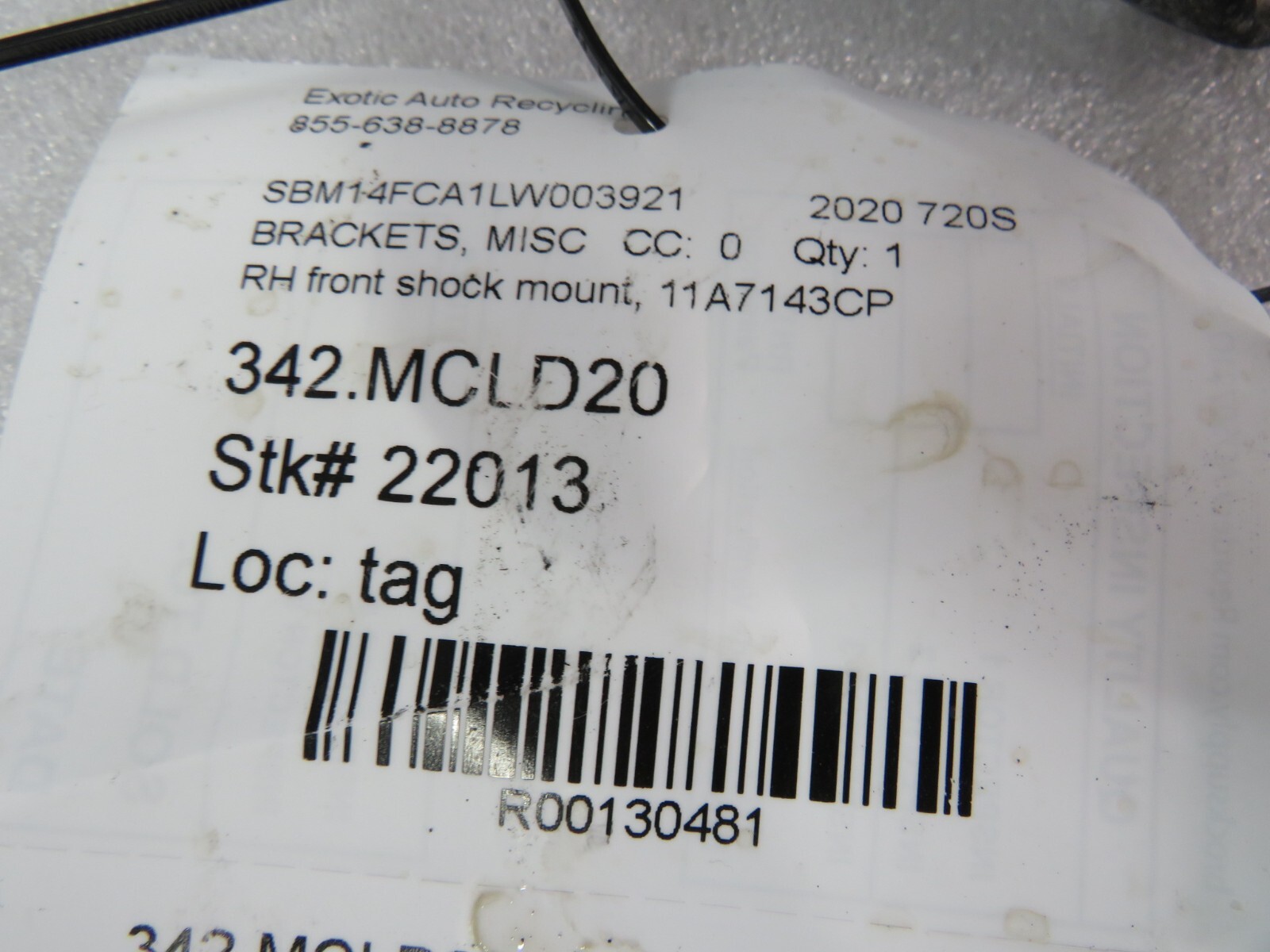 McLaren 720S, RH, Right, Front Shock Mount, Used, P/N 11A7143CP