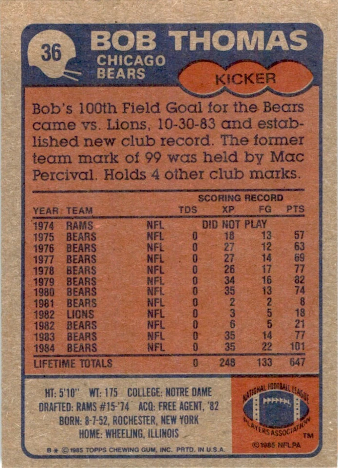 1985 TOPPS BOB THOMAS CHICAGO BEARS #36 - Image 2 of 2
