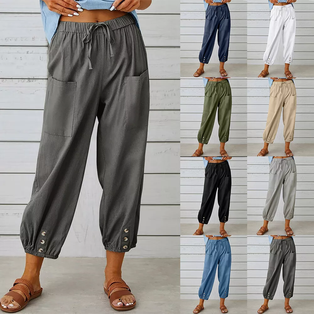 Womens Cotton Linen Cropped Harem Pants Summer Combat Cargo Wide Leg  Trousers