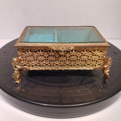 Gold Gilt HIMARK Japan Music Jewelry Box 4.5'' x 6.5'' Beveled GLASS Cherub Footed